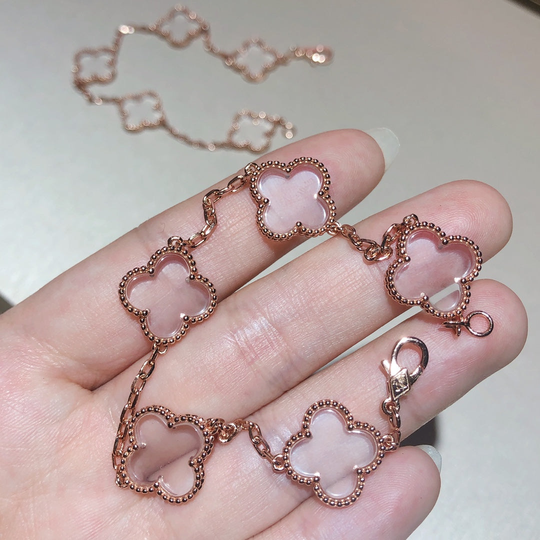[Luxe Jewelry]CLOVER 5 MOTIF ROCK CRYSTAL PINK GOLD BRACELET