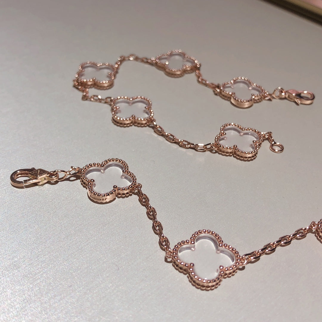 [Luxe Jewelry]CLOVER 5 MOTIF ROCK CRYSTAL PINK GOLD BRACELET