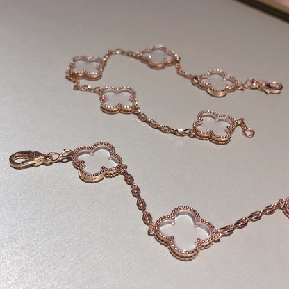 [Luxe Jewelry]CLOVER 5 MOTIF ROCK CRYSTAL PINK GOLD BRACELET