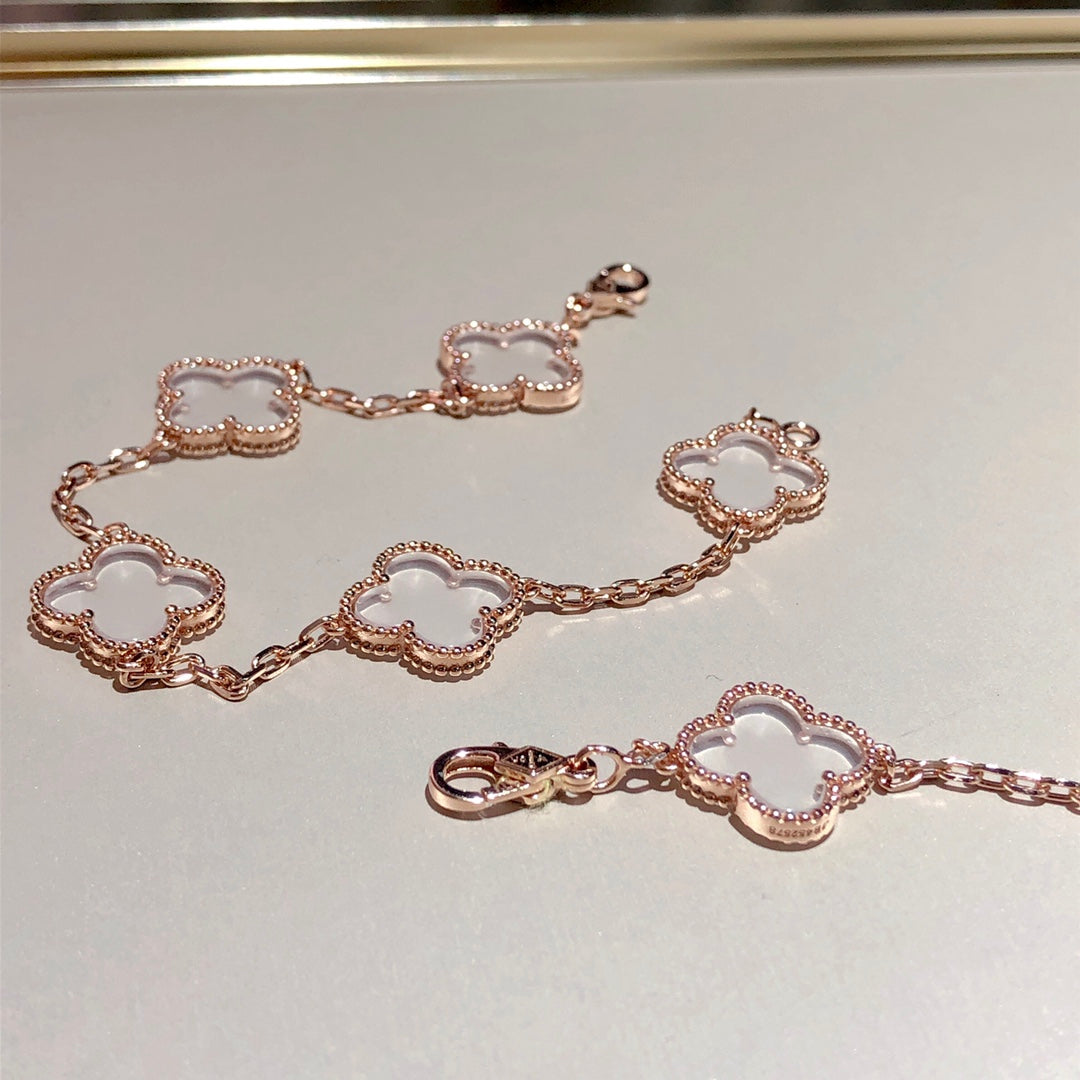 [Luxe Jewelry]CLOVER 5 MOTIF ROCK CRYSTAL PINK GOLD BRACELET