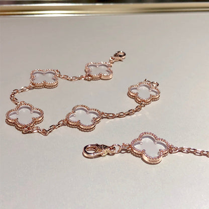 [Luxe Jewelry]CLOVER 5 MOTIF ROCK CRYSTAL PINK GOLD BRACELET