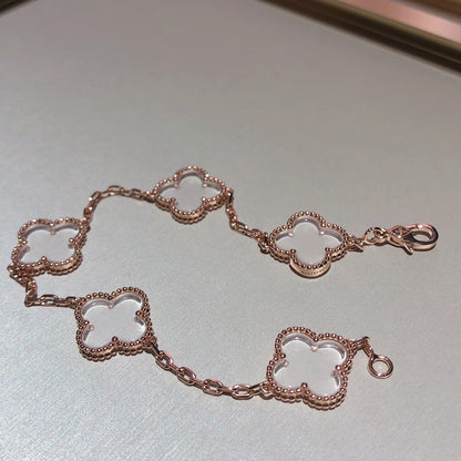 [Luxe Jewelry]CLOVER 5 MOTIF ROCK CRYSTAL PINK GOLD BRACELET