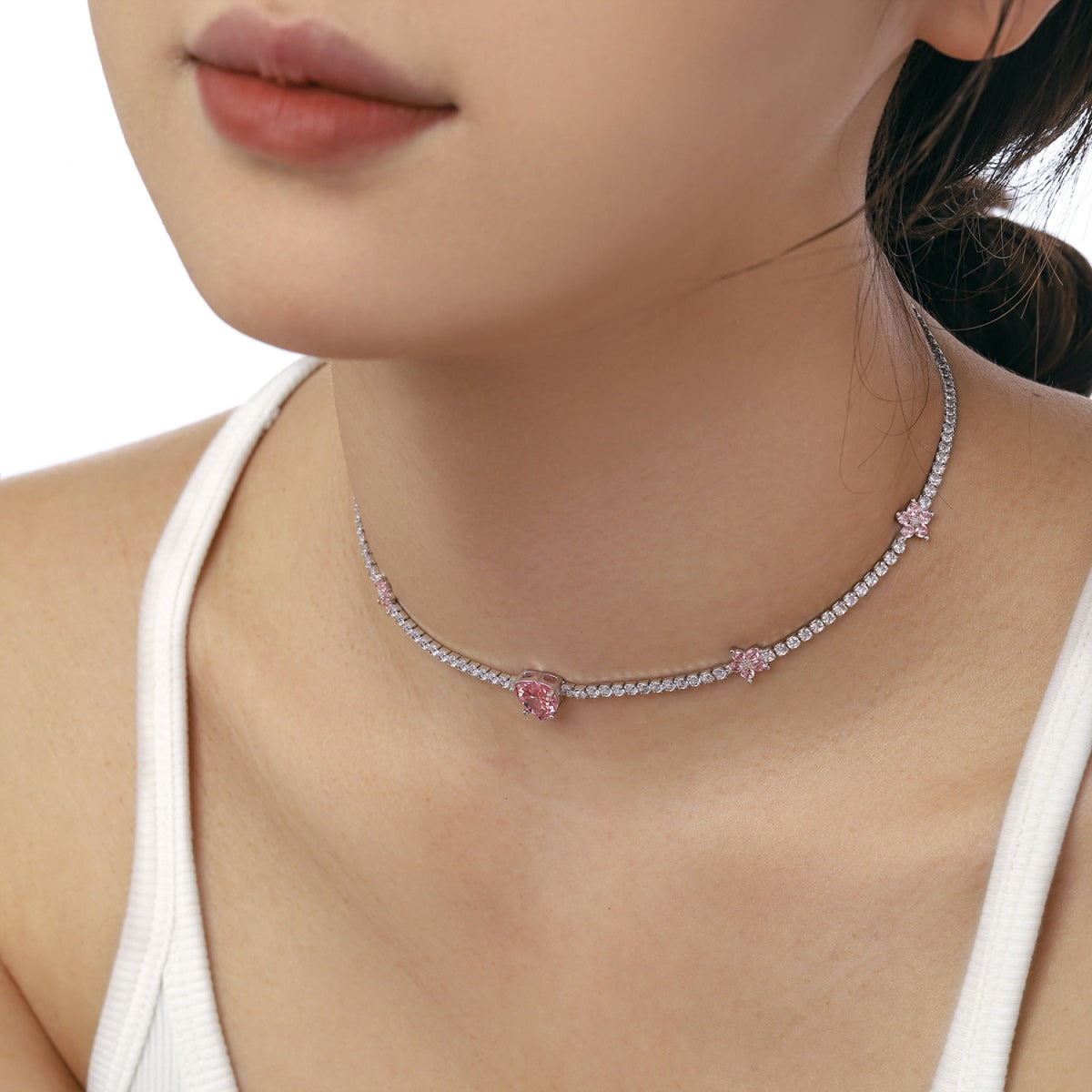 [Luxe Jewelry]Dazzling Pink Heart Flower Necklace