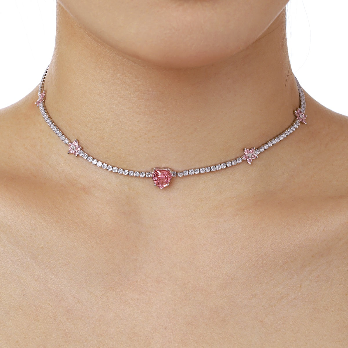 [Luxe Jewelry]Dazzling Pink Heart Flower Necklace