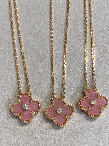 [Luxe Jewelry]CLOVER 15MM DIAMOND RHODONITE NECKLACE