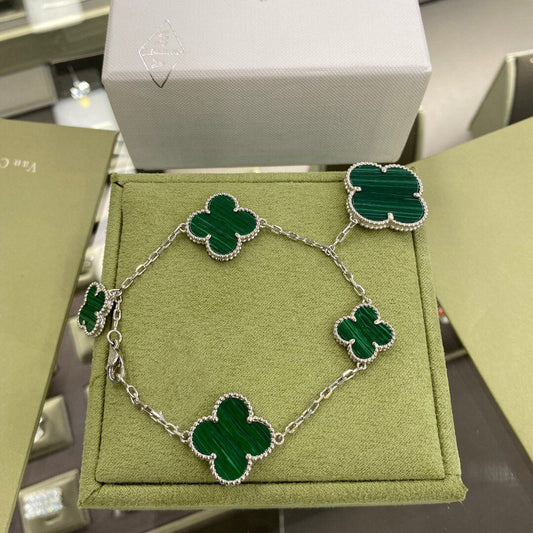 [Luxe Jewelry]CLOVER 5 MOTIFS SIVLER MALACHITE BRACELET