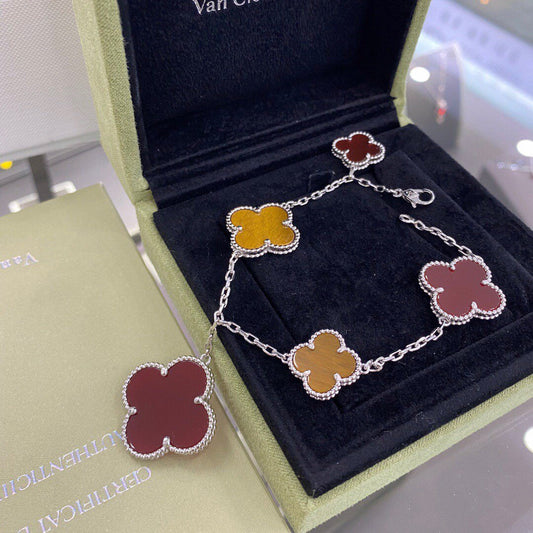 [Luxe Jewelry]CLOVER 5 MOTIFS SIVLER CARNELIAN TIGER EYE BRACELET
