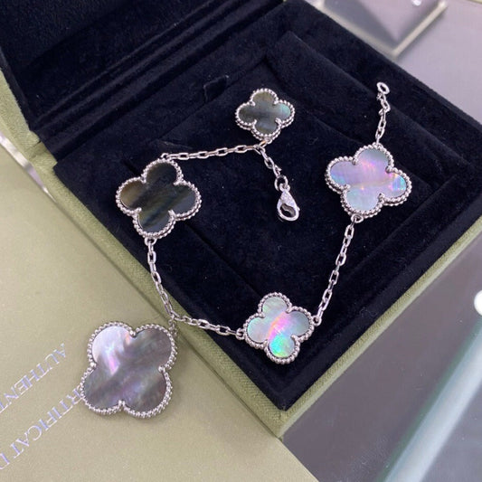 [Luxe Jewelry]CLOVER 5 MOTIFS SIVLER DARK MOP BRACELET