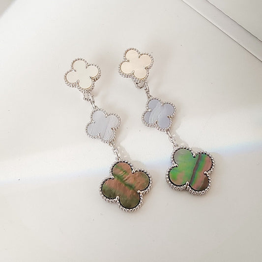 [Luxe Jewelry]CLOVER 3 MOTIFS CHALCEDONY DARK MOP SILVER EARRINGS