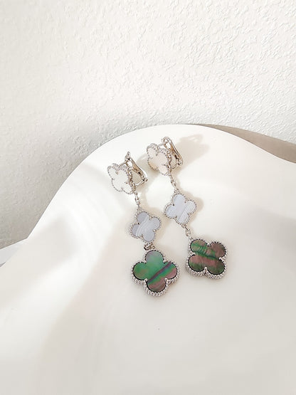 [Luxe Jewelry]CLOVER 3 MOTIFS CHALCEDONY DARK MOP SILVER EARRINGS