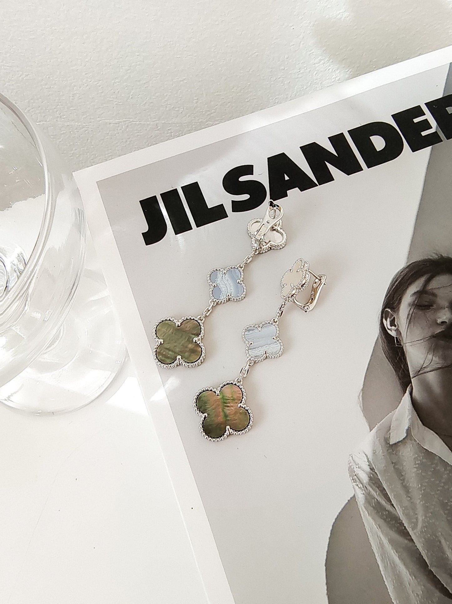 [Luxe Jewelry]CLOVER 3 MOTIFS CHALCEDONY DARK MOP SILVER EARRINGS