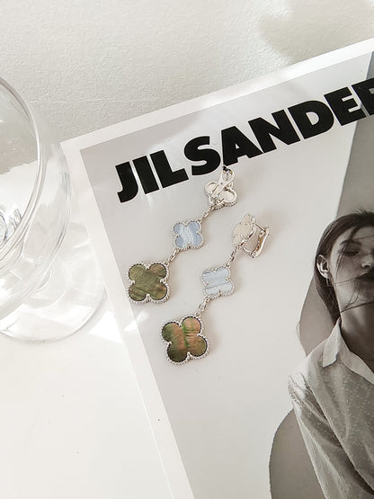 [Luxe Jewelry]CLOVER 3 MOTIFS CHALCEDONY DARK MOP SILVER EARRINGS