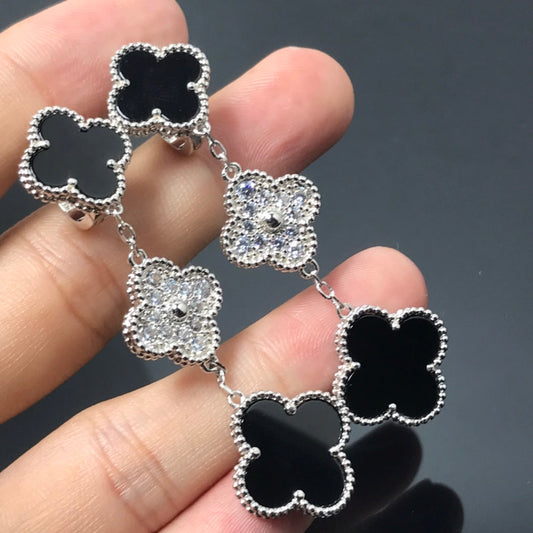 [Luxe Jewelry]CLOVER 3 MOTIF DIAMOND ONYX SILVER EARRINGS