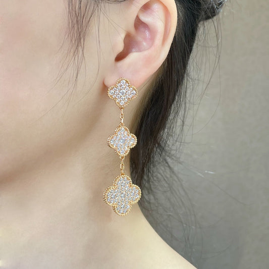 [Luxe Jewelry]CLOVER 3 MOTIFS DIAMOND PAVED ROSE GOLD EARRINGS