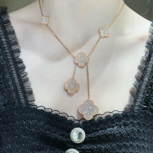 [Luxe Jewelry]CLOVER 6 MOTIF DIAMOND PAVED NECKLACE