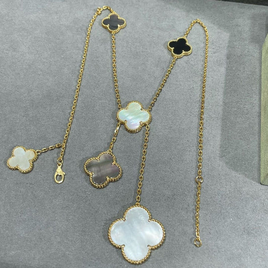 [Luxe Jewelry]CLOVER 6 MOTIF MOP ONYX GOLD NECKLACE