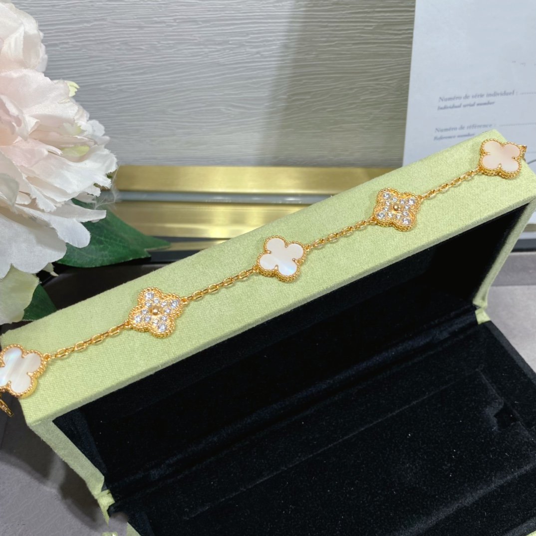 [Luxe Jewelry]CLOVER 5 MOTIF DIAMOND PINK MOP PINK GOLD BRACELET