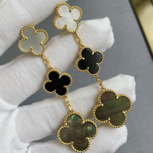 [Luxe Jewelry]CLOVER 3 MOTIF MOP ONYX DARK MOP PINK GOLD EARRINGS