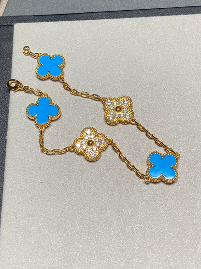 [Luxe Jewelry]CLOVER 5 MOTIF BLUE CHALCEDONY DIAMOND GOLD BRACELET