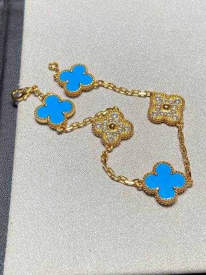 [Luxe Jewelry]CLOVER 5 MOTIF BLUE CHALCEDONY DIAMOND GOLD BRACELET