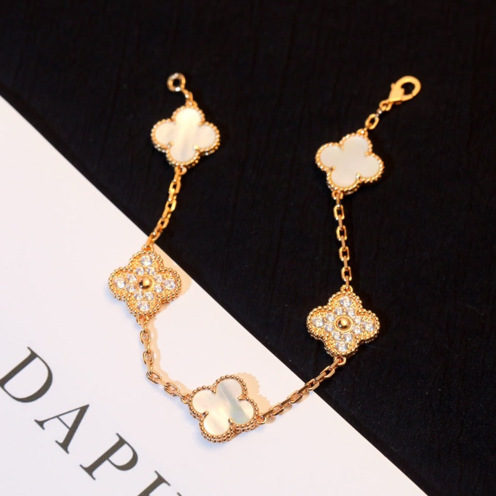 [Luxe Jewelry]CLOVER BRACELET 5 MOTIF WHITE MOP DIAMOND
