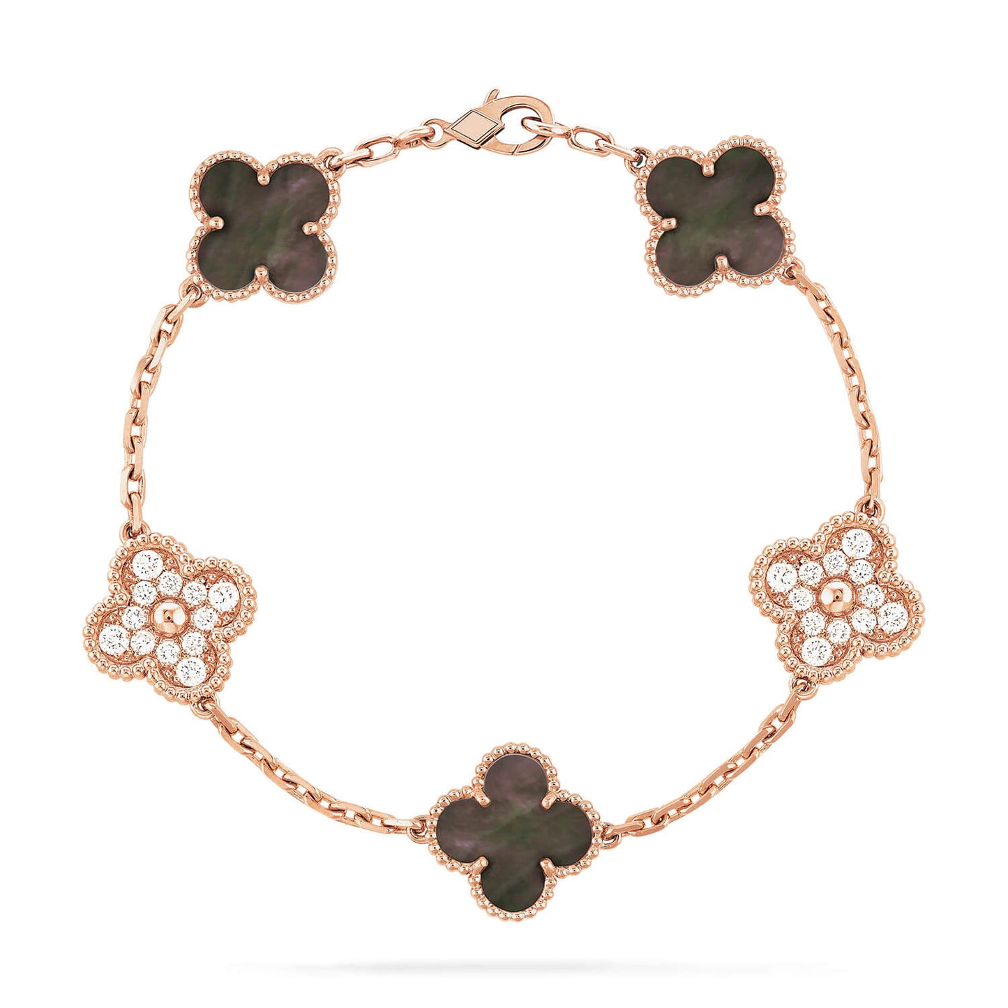 [Luxe Jewelry]CLOVER 5 MOTIFS DARK MOP AND DIAMONDS PINK GOLD BRACELET