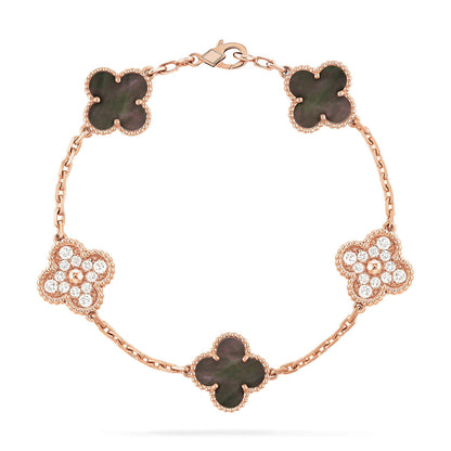 [Luxe Jewelry]CLOVER 5 MOTIFS DARK MOP AND DIAMONDS PINK GOLD BRACELET