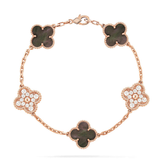 [Luxe Jewelry]CLOVER 5 MOTIFS DARK MOP AND DIAMONDS PINK GOLD BRACELET