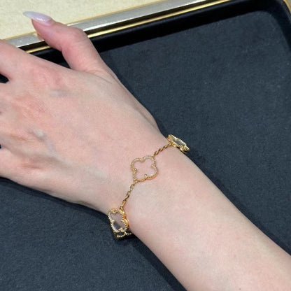[Luxe Jewelry]CLOVER 5 MOTIF ROCK CRYSTAL PINK GOLD BRACELET