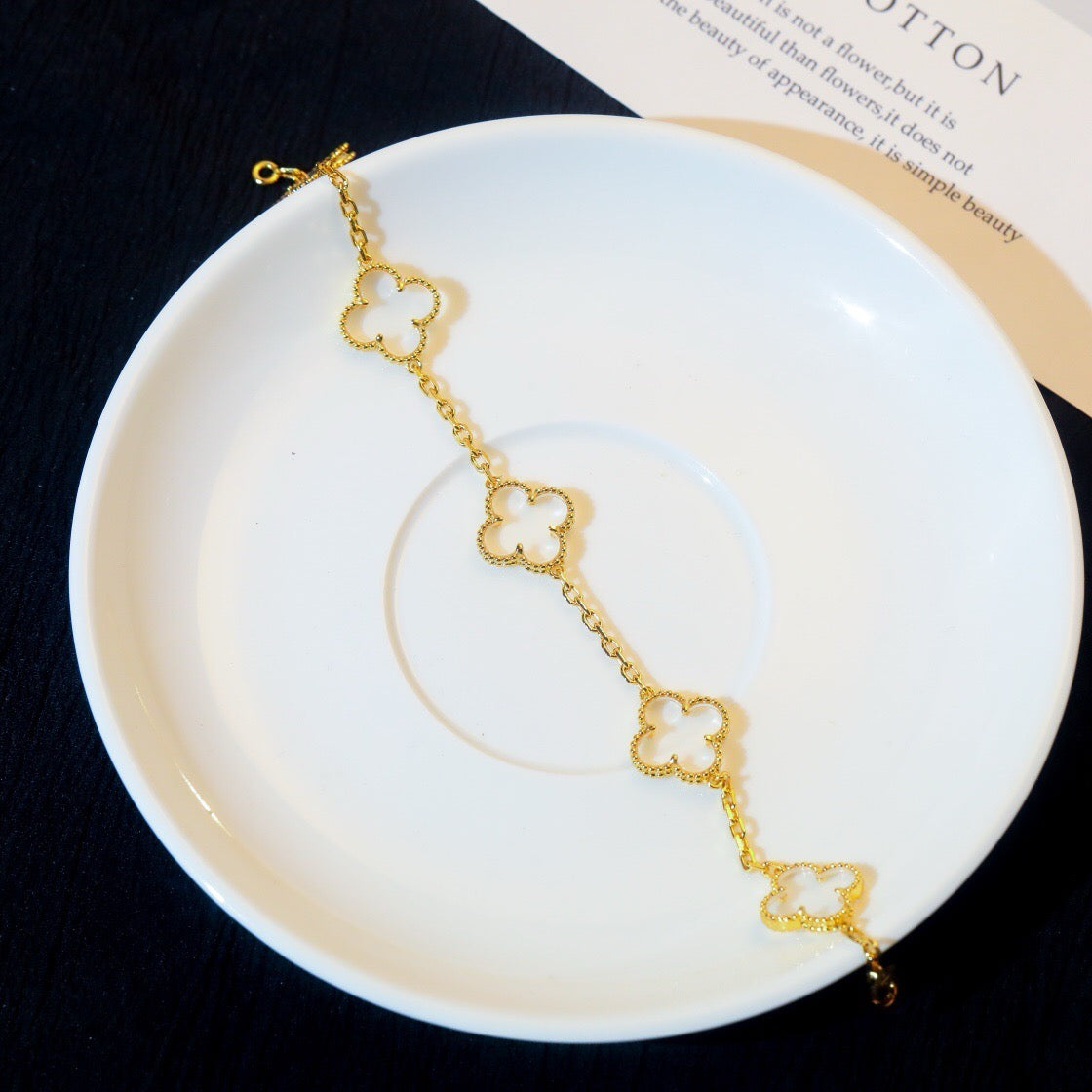 [Luxe Jewelry]CLOVER 5 MOTIF ROCK CRYSTAL PINK GOLD BRACELET