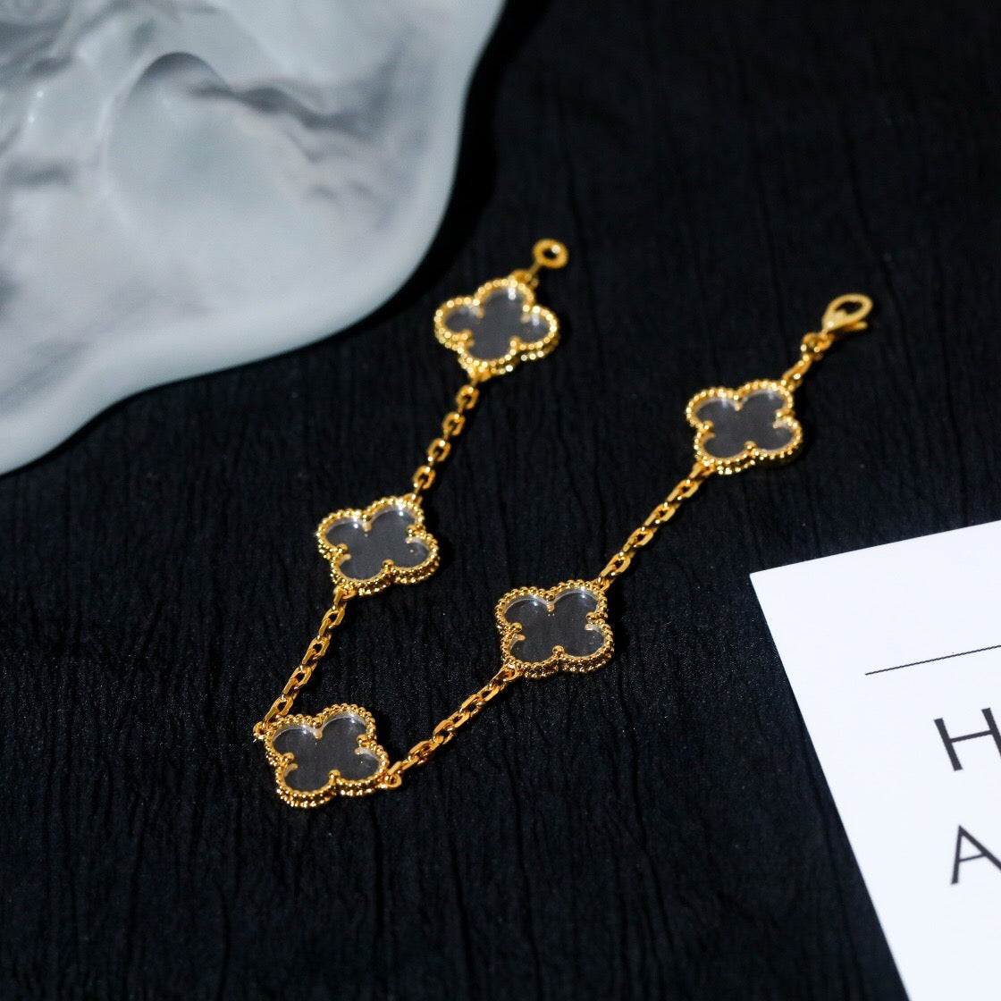 [Luxe Jewelry]CLOVER 5 MOTIF ROCK CRYSTAL PINK GOLD BRACELET