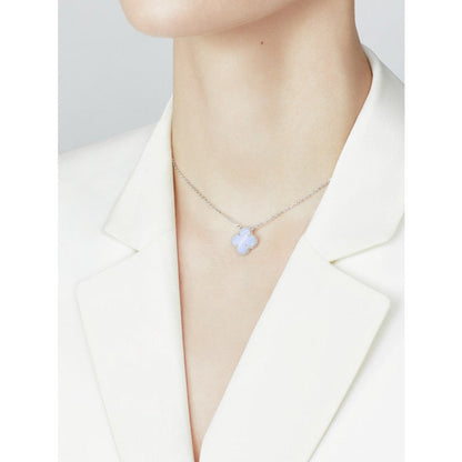 [Luxe Jewelry]CLOVER 15MM BLUE CHALCEDONY NECKLACE SILVER