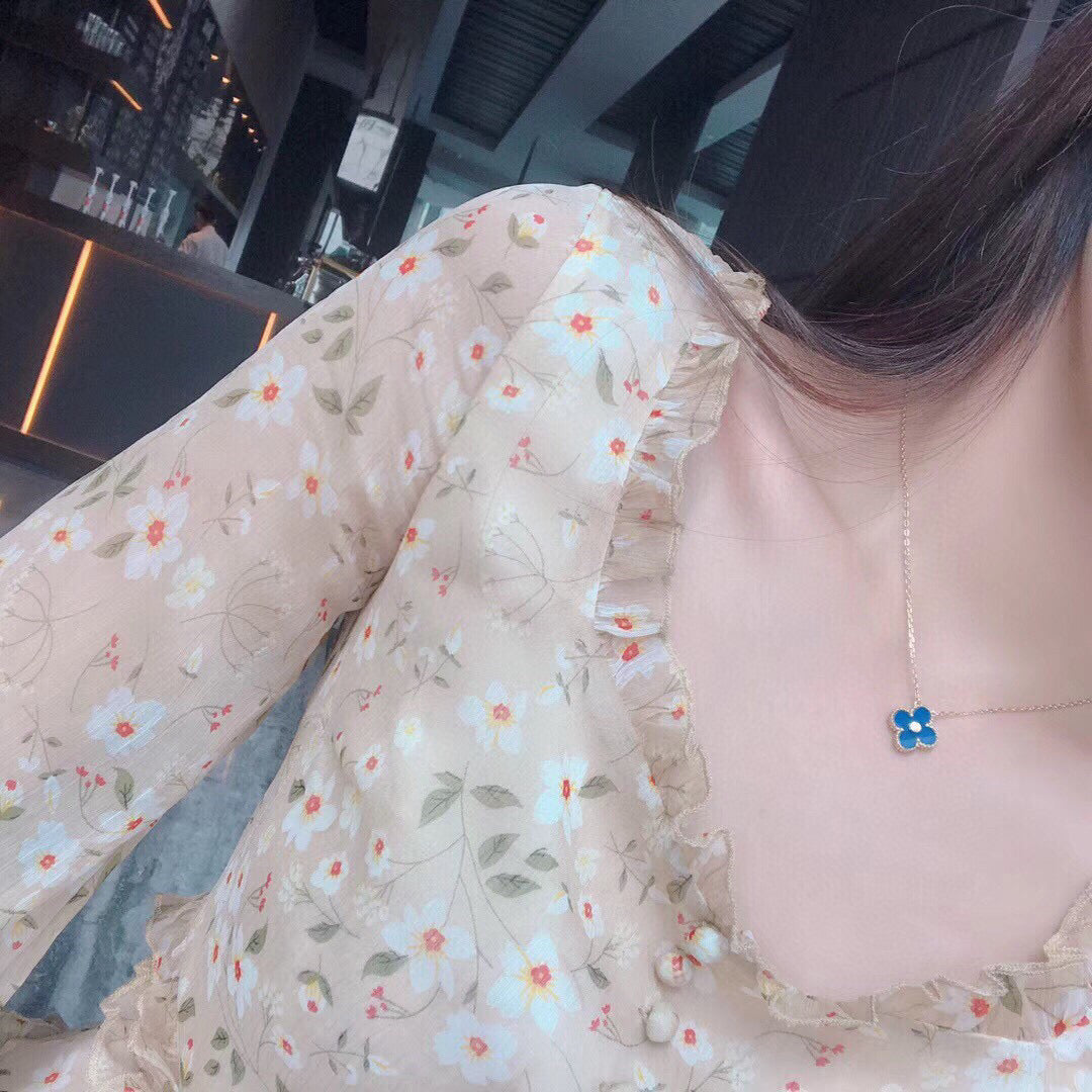 [Luxe Jewelry]CLOVER 15MM DIAMOND AND BLUE AGATE NECKLACE