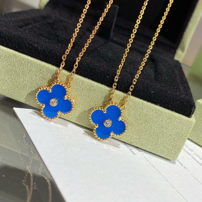 [Luxe Jewelry]CLOVER 15MM DIAMOND AND BLUE AGATE NECKLACE