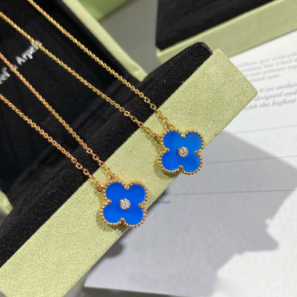 [Luxe Jewelry]CLOVER 15MM DIAMOND AND BLUE AGATE NECKLACE