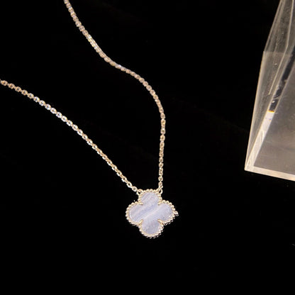 [Luxe Jewelry]CLOVER 15MM BLUE CHALCEDONY NECKLACE SILVER