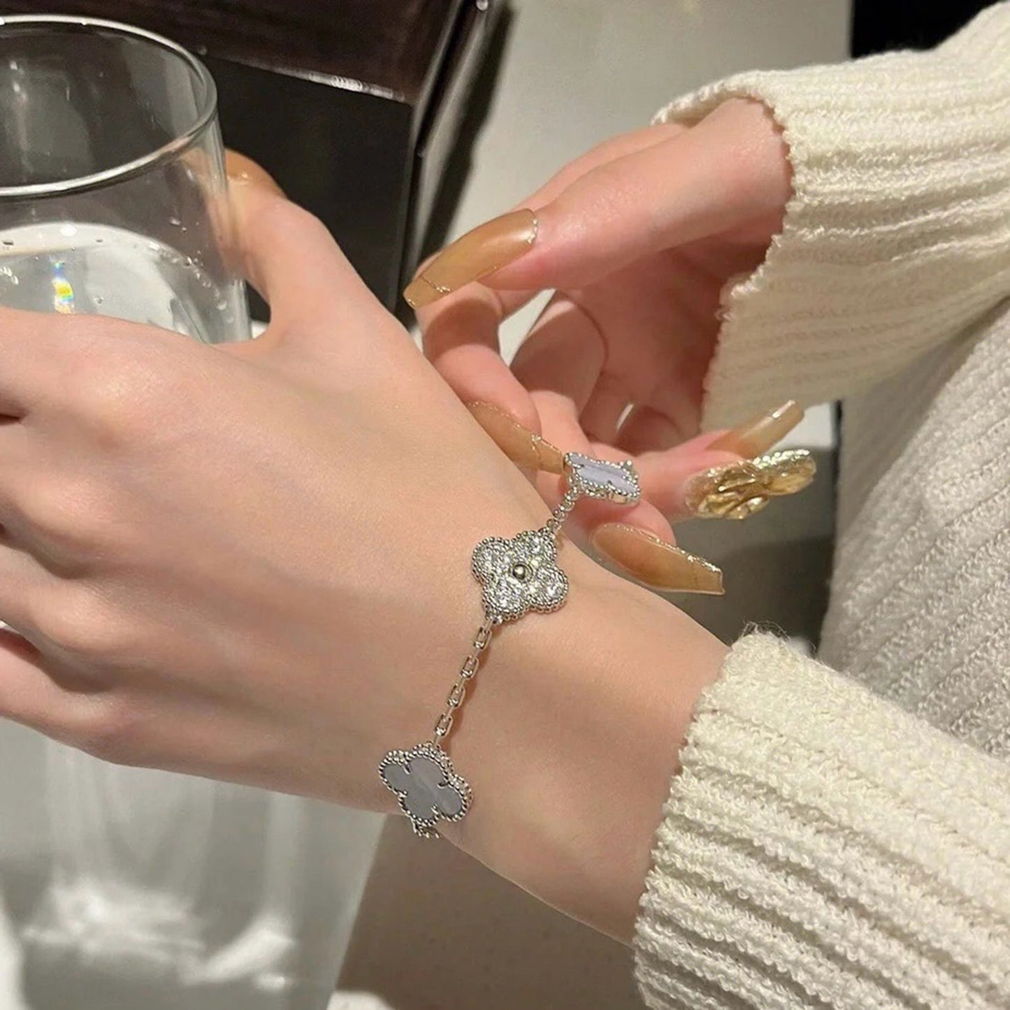 [Luxe Jewelry]CLOVER  5 MOTIF DIAMOND PURPLE CHALCEDONY BRACELET SILVER