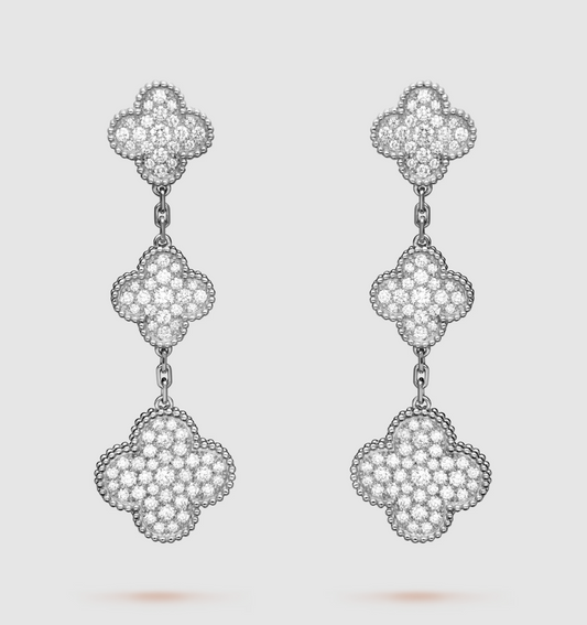 [Luxe Jewelry]CLOVER 3 MOTIF DIAMOND SILVER DROP EARRINGS