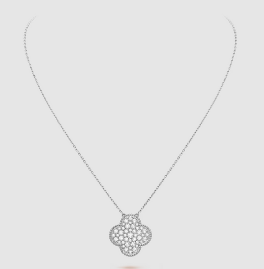 [Luxe Jewelry]CLOVER 25MM LARGE PENDANT DIAMOND PAVED SILVER NECKLACE