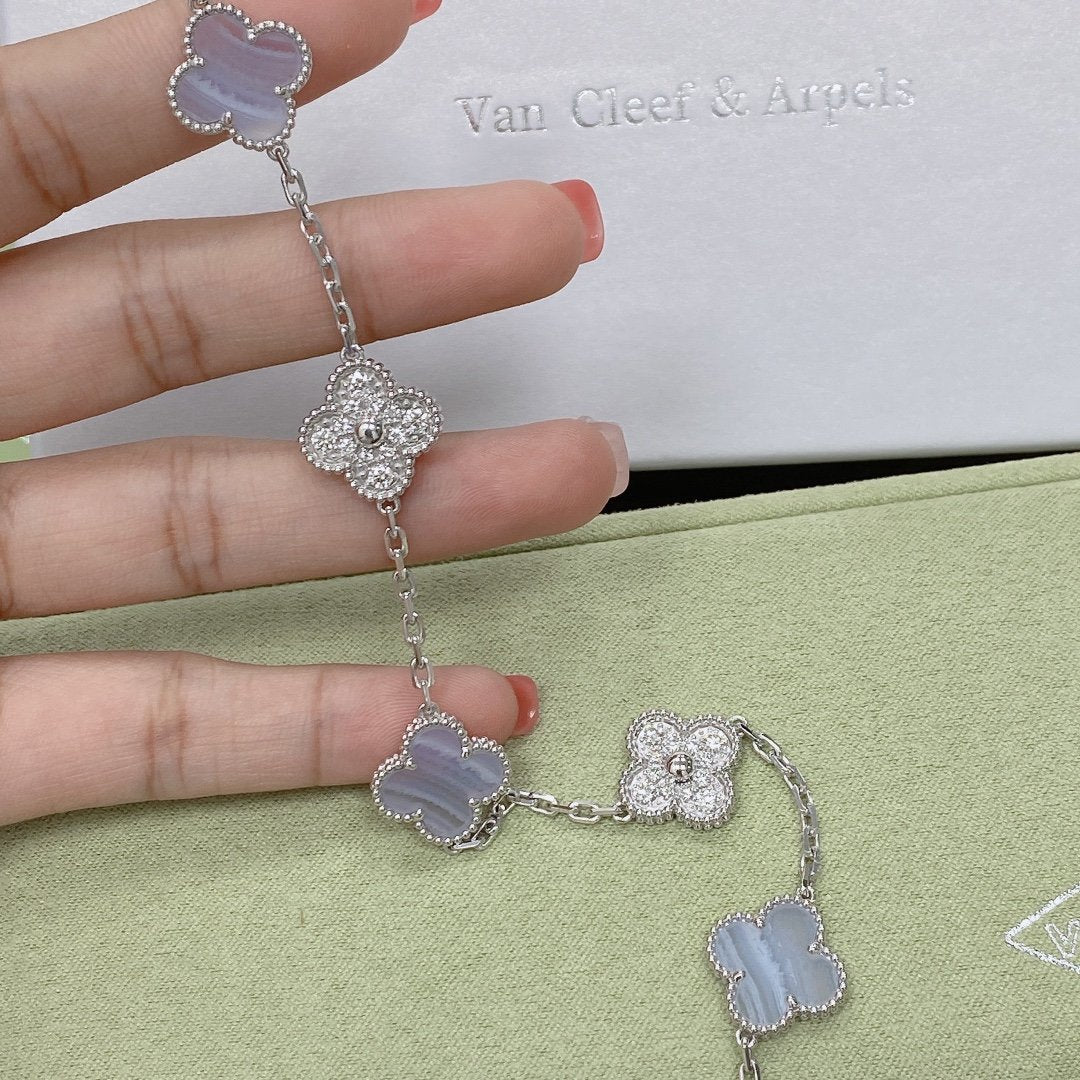 [Luxe Jewelry]CLOVER  5 MOTIF DIAMOND PURPLE CHALCEDONY BRACELET SILVER