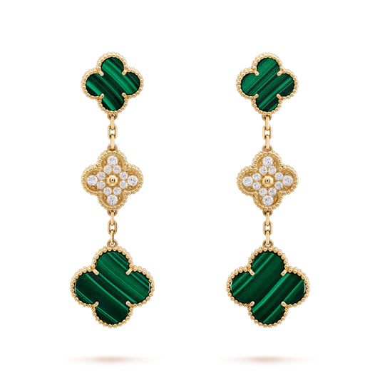 [Luxe Jewelry]CLOVER EARRINGS GOLD MALACHITE DIAMOND 3 MOTIF