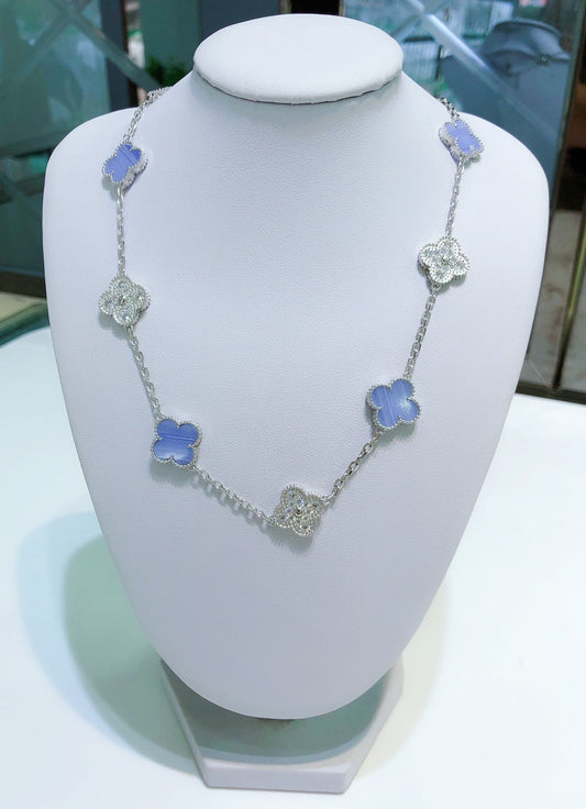 [Luxe Jewelry]CLOVER 10 MOTIFS CHALCEDONY DIAMONDS SILVER NECKLACE