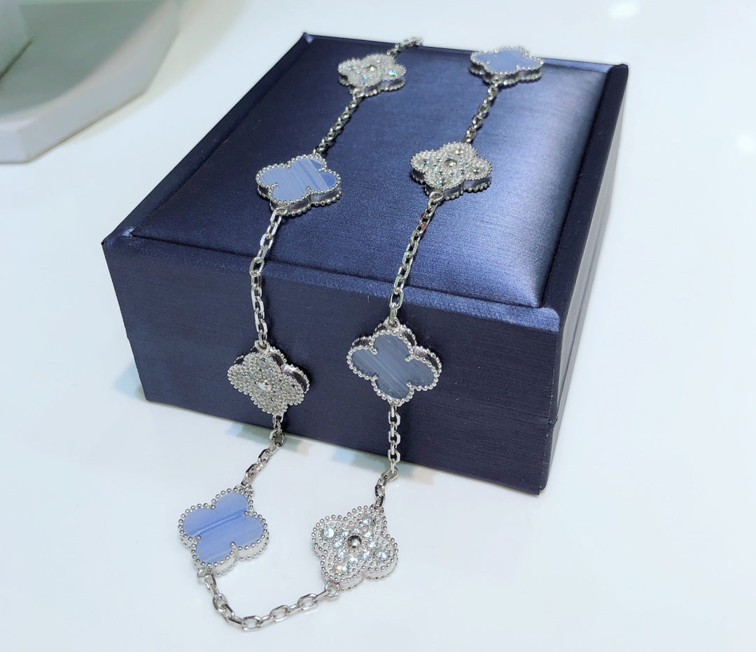[Luxe Jewelry]CLOVER 10 MOTIFS CHALCEDONY DIAMONDS SILVER NECKLACE