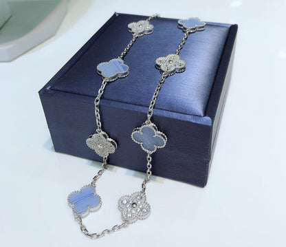 [Luxe Jewelry]CLOVER 10 MOTIFS CHALCEDONY DIAMONDS SILVER NECKLACE