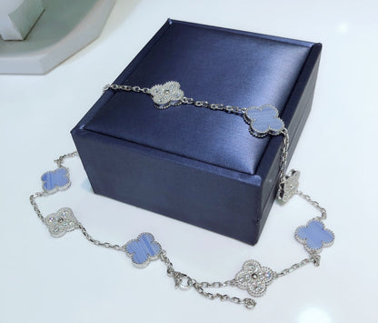 [Luxe Jewelry]CLOVER 10 MOTIFS CHALCEDONY DIAMONDS SILVER NECKLACE