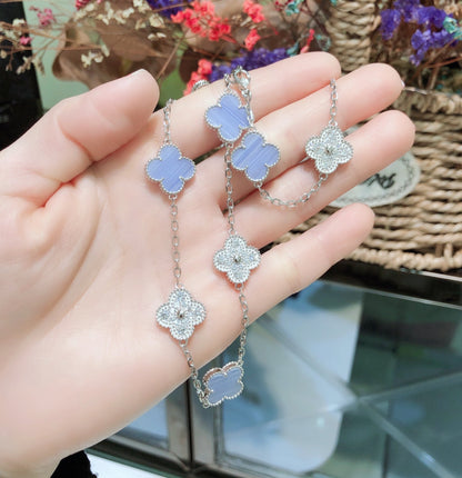 [Luxe Jewelry]CLOVER 10 MOTIFS CHALCEDONY DIAMONDS SILVER NECKLACE