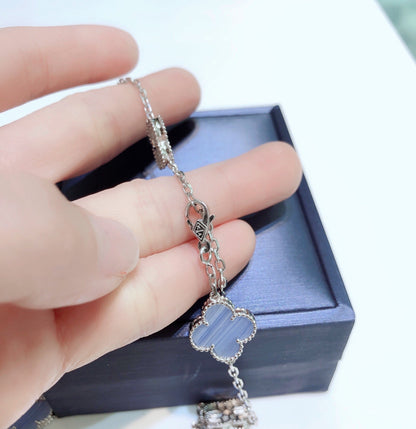 [Luxe Jewelry]CLOVER 10 MOTIFS CHALCEDONY DIAMONDS SILVER NECKLACE