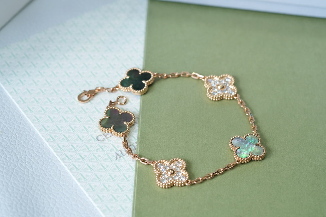 [Luxe Jewelry]CLOVER 5 MOTIFS DARK MOP AND DIAMONDS PINK GOLD BRACELET