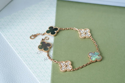 [Luxe Jewelry]CLOVER 5 MOTIFS DARK MOP AND DIAMONDS PINK GOLD BRACELET