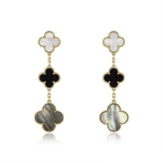 [Luxe Jewelry]CLOVER EARRINGS GOLD ONYX MOP 3 MOTIF